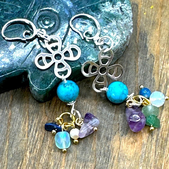 Turquoise silver multi stone dangle chandelier silver long earrings - Picture 1 of 8